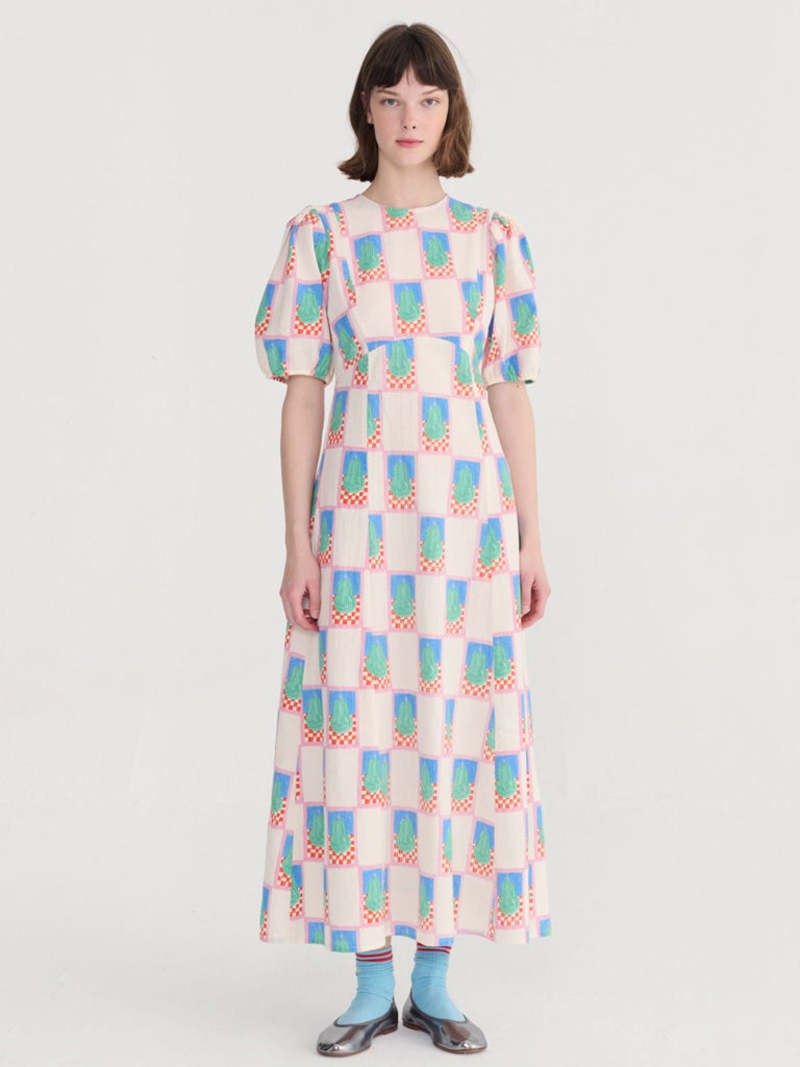 Simple Pear pattern puff sleeve dress