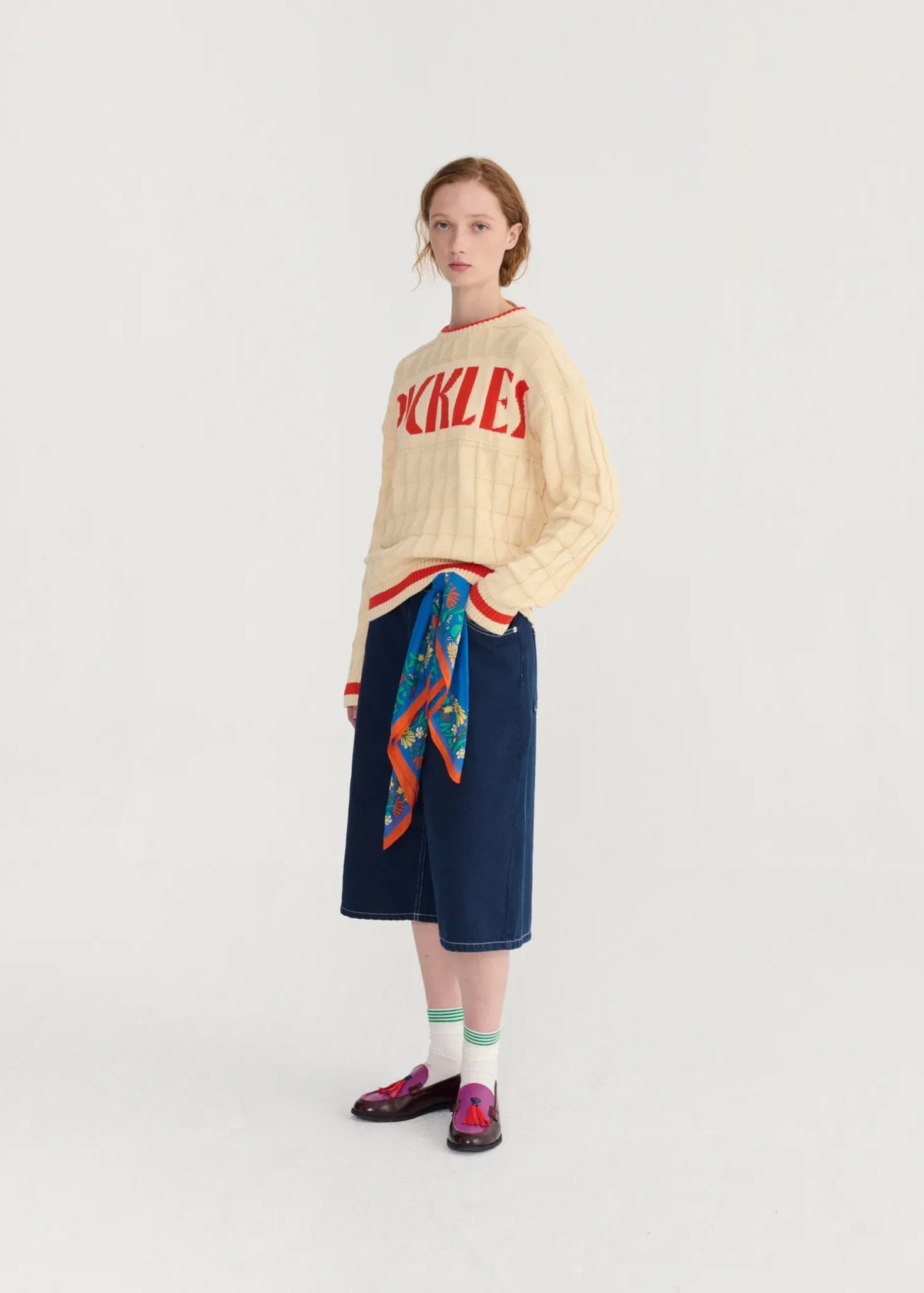 Contrast‑stitching denim bermuda