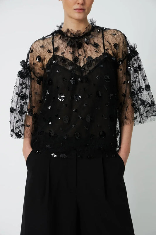 Sequins Mesh Blouse - Black