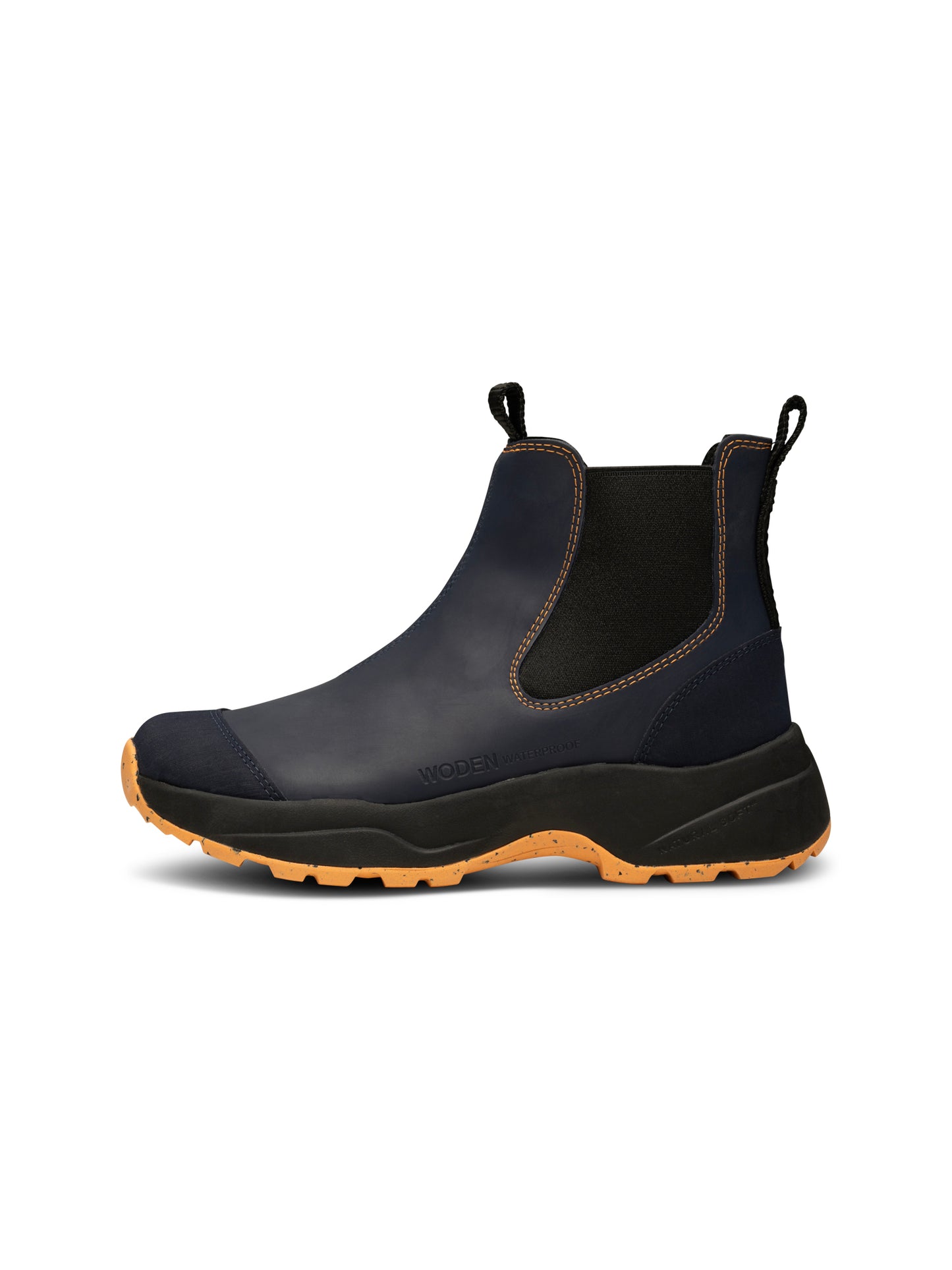 Woden Siri waterproof boot - Dark navy and Papaya