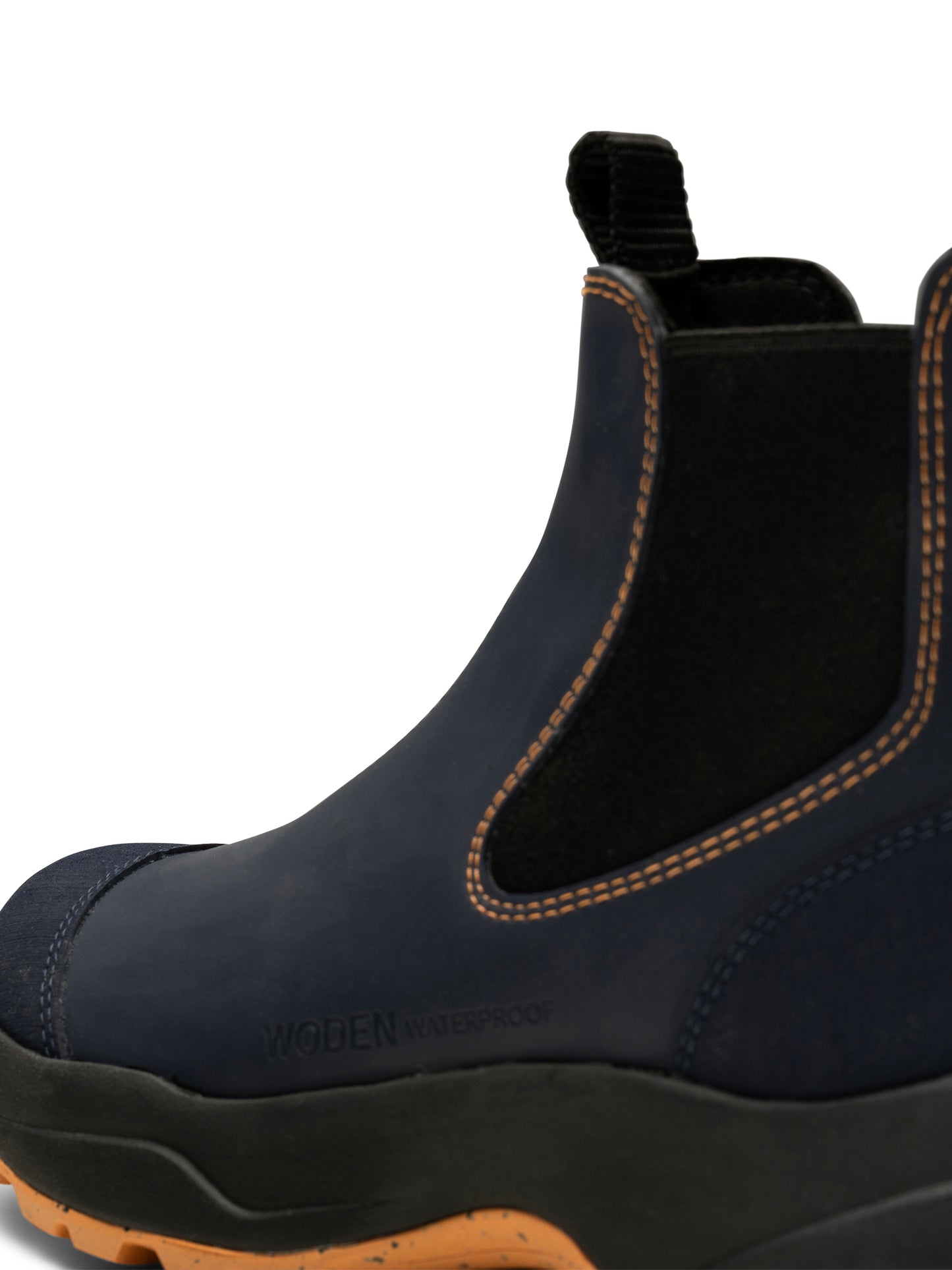Woden Siri waterproof boot - Dark navy and Papaya