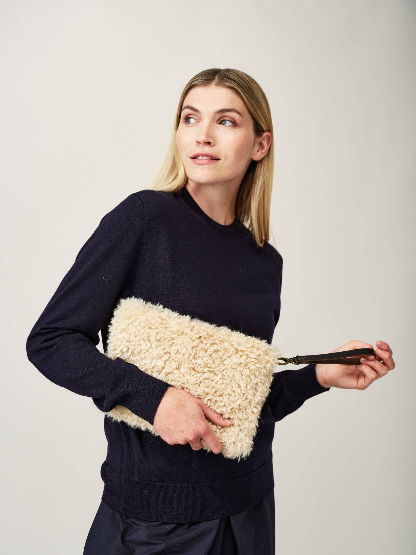 Clutch Bag with Wrist Strap: Cream Faux Sheepskin