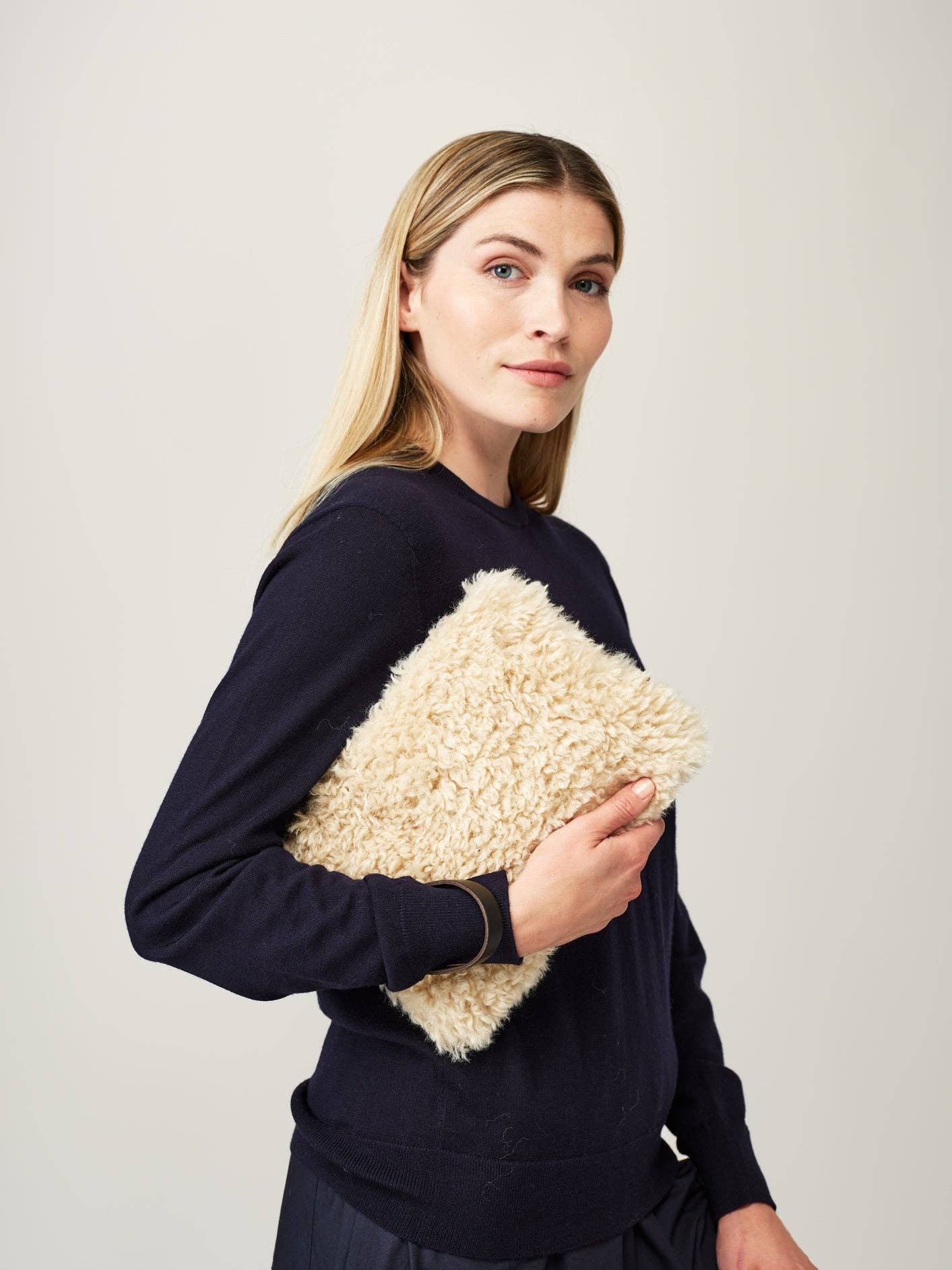 Clutch Bag with Wrist Strap: Cream Faux Sheepskin