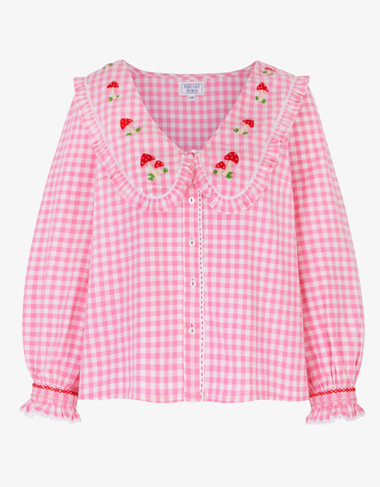 Embroidered Candy Floss Gingham Esme Blouse - Pink City Prints