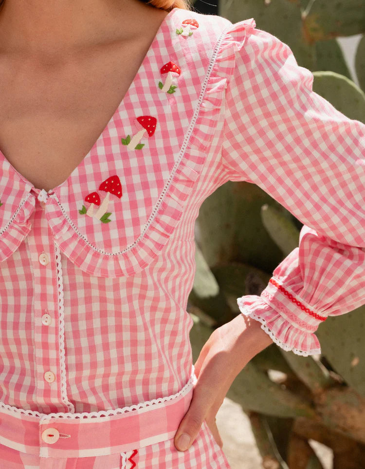 Embroidered Candy Floss Gingham Esme Blouse - Pink City Prints