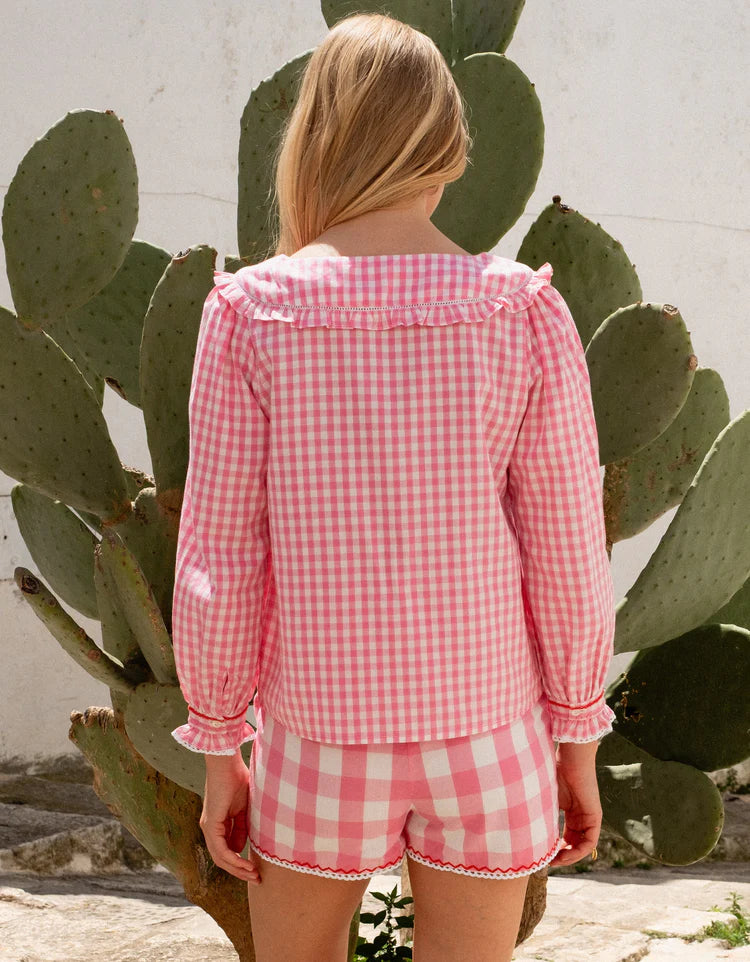 Embroidered Candy Floss Gingham Esme Blouse - Pink City Prints