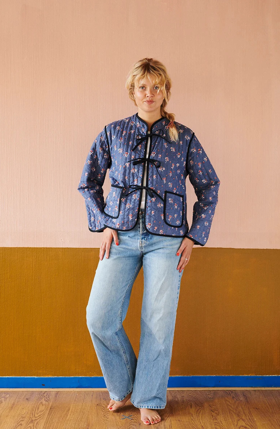 Rebecca Short Quilted Jacket With Bows- Sapphire