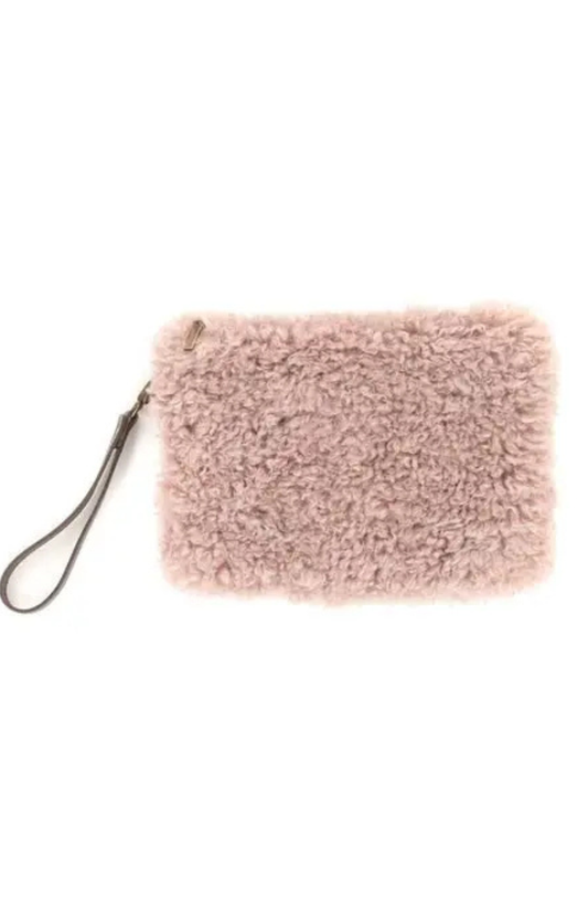 Clutch Bag with Wrist Strap: Rose Faux Sheepskin